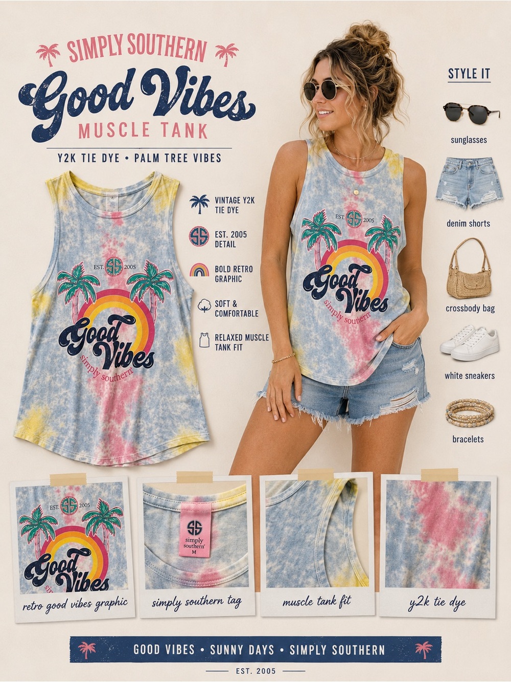 Simply Southern Good Vibes Tie Dye Muscle Tank Medium Palm Tree Y2K